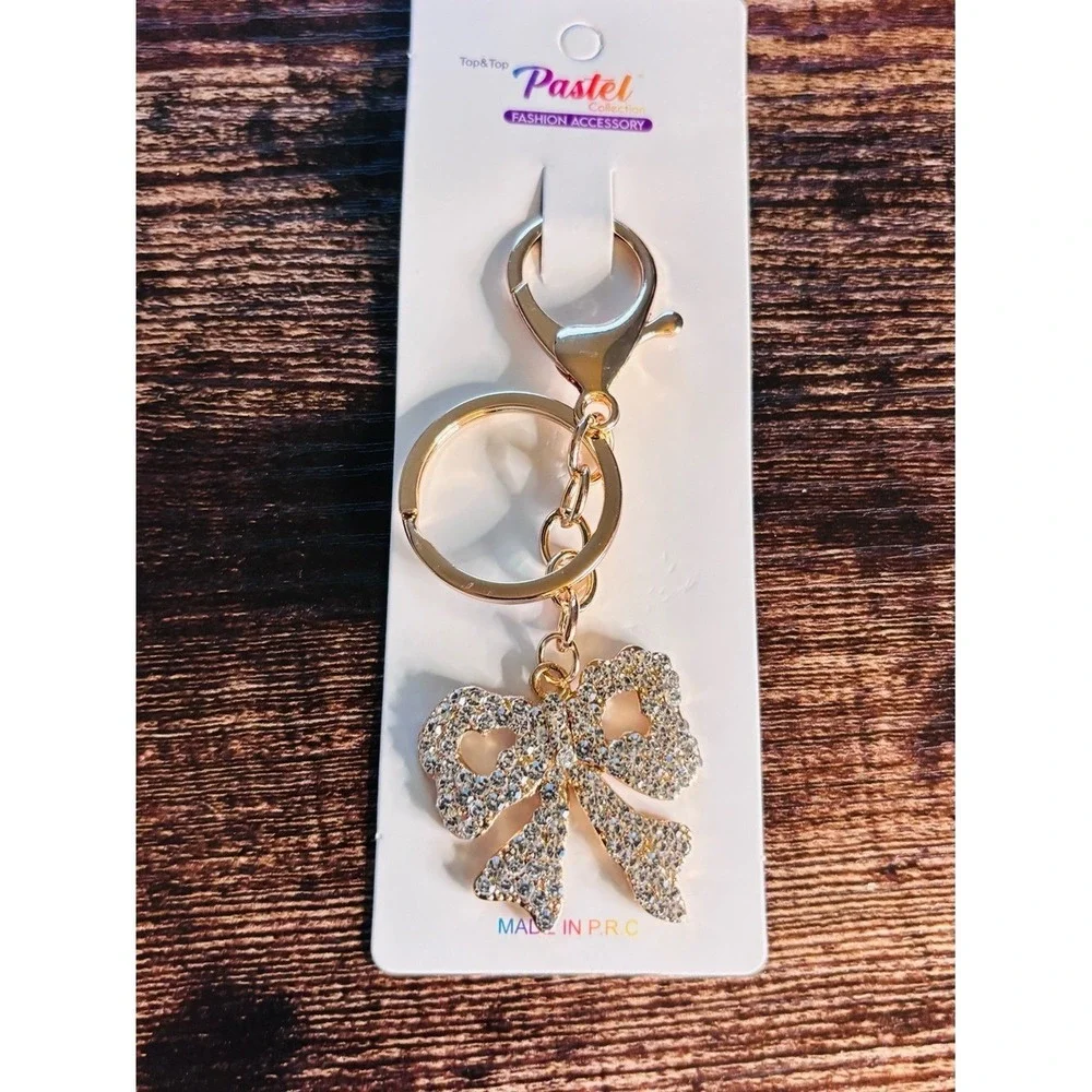 Pastel Collection Gold Tone Rhinestone Bow Keychain Bag Charm Crystal Accessory